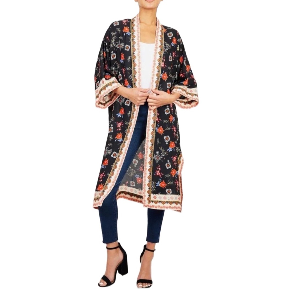 Max Studio black floral long kimono duster/jacket|XS - Picture 2 of 8